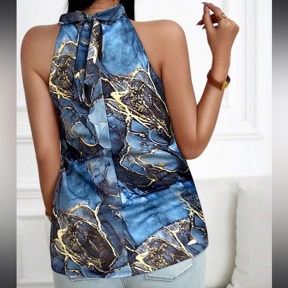 Elegant Classic Marble Water Color Print Halter Top Blouse Shirt Blue - Picture 2 of 12